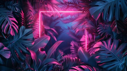 A creative illustration of a radiant neon frame intertwined with tropical leaves, symbolizing a vibrant and lively atmosphere.