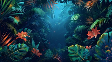 A conceptual illustration of a neon-framed exotic jungle, showcasing the lush foliage and tropical plants in a visually striking and modern design.