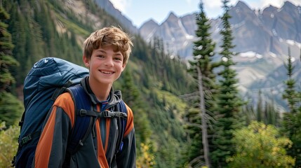 Naklejka premium Teen boy smiling with his hiking backpack, set against a backdrop of trees and mountains