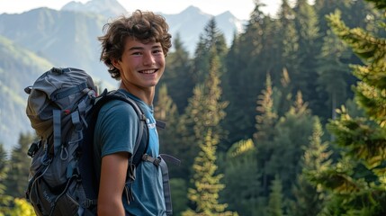 Naklejka premium Teen boy smiling with his hiking backpack, set against a backdrop of trees and mountains