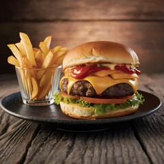 Cheeseburger with fries, showcasing its juicy patty, melted cheddar, lettuce, tomato slices, and ketchup, placed on a dark plat over a rustic wooden table.