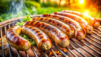 Savory sizzling bratwurst sausages grill to perfection on a sun-kissed summer afternoon amidst a warm and inviting outdoor barbecue scene.