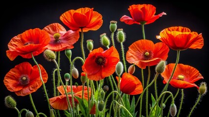 Obraz premium Triumphant poppies bloom against a stark black backdrop, commemorating Victory in Europe Day with solemn yet vibrant jubilation.