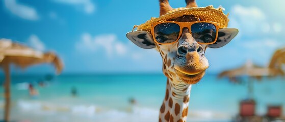 Obraz premium Giraffe wearing a straw hat and sunglasses, tropical beach background