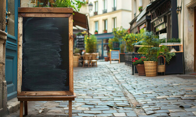 Empty blackboard menu standing on cobblestone street in front of parisian restaurant