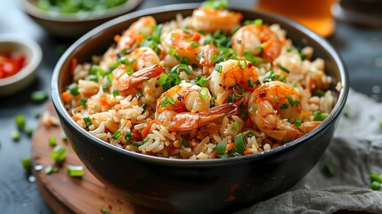Shrimp fried rice garnished with green onions