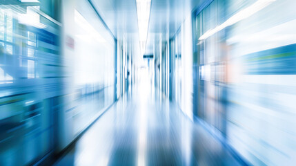 Fototapeta premium An abstract image of a hallway in a corporate building, with blurred architectural features and directional signage