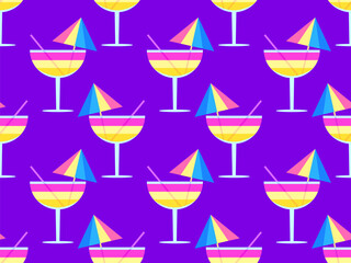 Glass with umbrella and straw seamless pattern. Multi-colored cocktail in a glass. Tropical striped cocktail in a glass with an umbrella and a straw. Design for banner and cover. Vector illustration