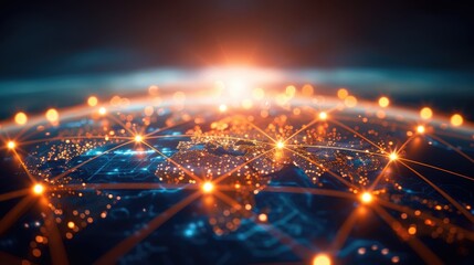 Digital sunrise over Earth highlighting illuminated global network and city connections