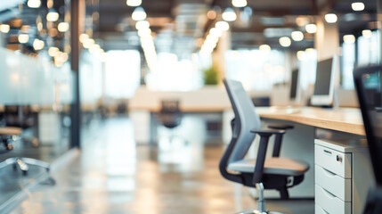 Fototapeta premium A fully blurred background of a modern office space with sleek desks and ergonomic chairs