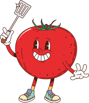 Naklejki Tomato retro groovy barbeque grill character wielding a spatula tool. Isolated cartoon vector ripe vegetable personage with a vibrant red color, lively eyes and smiling face, wears sneakers and gloves