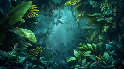 In this illustration, a neon frame encloses a tropical rainforest, with neon accents adding a modern and artistic flair to the lush greenery and leaves.
