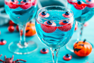 blue cocktail with red eyeballs in wine glasses on blue table, halloween party concept. Close up of  drink and candy eyes in glassware. Spooky fun drinks for festive celebration or event