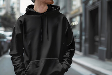 Handsome man wearing black blank hoodie as a mockup for clothing company