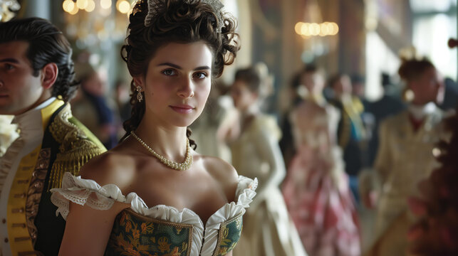 woman and man in regency outfits at an elaborate ball, surrounded by people wearing fancy , in the grand hall of castle
