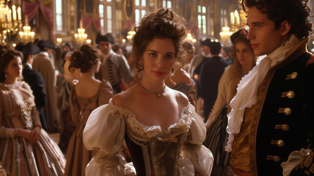 woman and man in regency outfits at an elaborate ball, surrounded by people wearing fancy , in the grand hall of castle