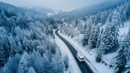Modern mobile home navigating serpentine mountain road in winter forest aerial view