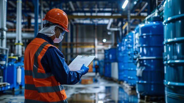 A laborer is reviewing the dangerous substance data sheet in the vicinity of the chemical storage facility at the manufacturing site, taking safety precautions.
