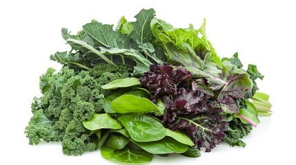 Vibrant edible bouquet featuring mixed leafy greens (kale, spinach, collard greens) isolated on clean background, rich in essential nutrients.