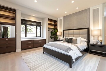 A sophisticated modern bedroom with a dark wood bed frame, white linens, and a grey upholstered headboard. The room has an accent wall with textured wallpaper, a large window with blackout shades.
