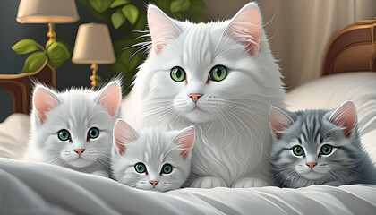Landscape of beautiful cats on bed
