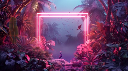 An artistic illustration of a neon frame surrounding a tropical paradise, with palm trees and exotic birds, perfect for a vibrant design.