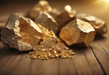 Pure gold minerals with golden light on old wooden background, blurred background