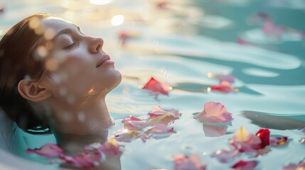 Woman relaxing in a serene bath surrounded by floating rose petals and soft light, embodying tranquility and self-care.