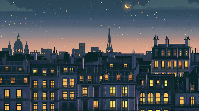 Illustration of Paris buildings facade at night, moody minimalist vector style