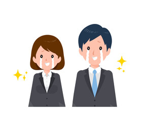 スーツを着たビジネスピープル男女。感動して嬉し泣き。