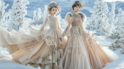 Frosted Ethereal Fashion- Ethereal fashion for youth adapted for a glacial era. Imagine flowing, sheer dresses with delicate frost-like patterns, paired with long, flowing capes ad