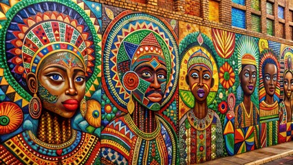 Fototapeta premium Vibrant, textured mural showcases intricate patterns, African-inspired designs, and bold colors, evoking cultural heritage and artistic expression in stunning detail.