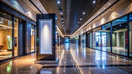 Darkened shopping mall corridor with glossy floor reflects empty storefronts and a large blank digital advertising screen at night.