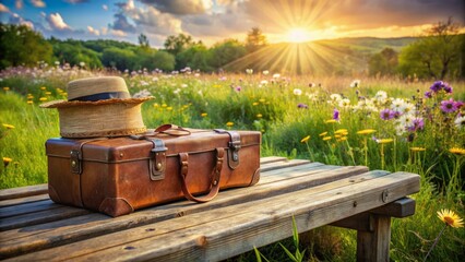 Naklejka premium Rustic wooden bench and vintage leather luggage sit atop sun-drenched wooden planks in open countryside with blooming wildflowers nearby.