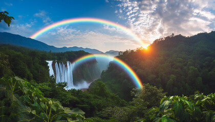 Landscape of beautiful waterfall over mountains and rainbow in forest