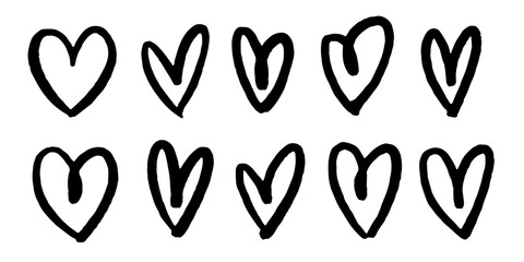 Set of ten hand drawn hearts on a white background. Handdrawn rough heart marker. Vector illustration for your graphic design, love design
