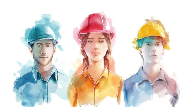 Watercolor Illustration of Labor Day Workers in Various Professions Celebrating the Holiday with Festive Background