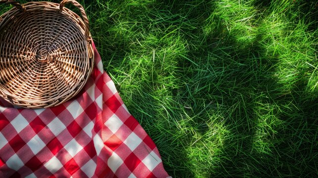 Red picnic blanket with empty basket on green grass ,Red checkered picnic cloth on a meadow,space for text,top view.