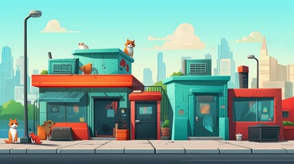 Pet adoption center flat design front view urban theme animation vivid