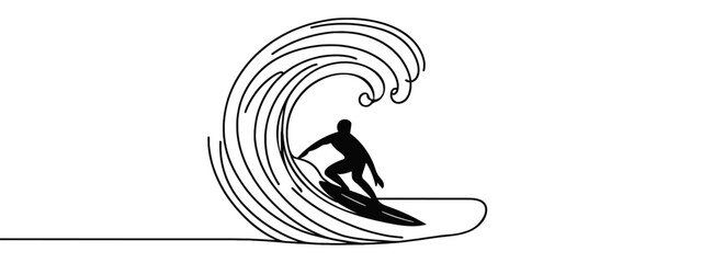 Continuous line drawing of surfer surfing on wave. One line of surfer surfing. Extreme watersport concept continuous line art. Editable outline