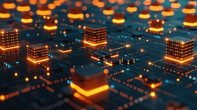 High-tech circuit board with glowing orange lights and 3D elements representing digital technology.
