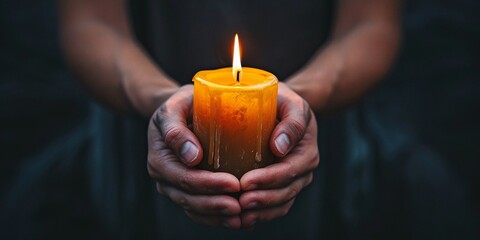 Holding candles in sorrow against a dark backdrop.