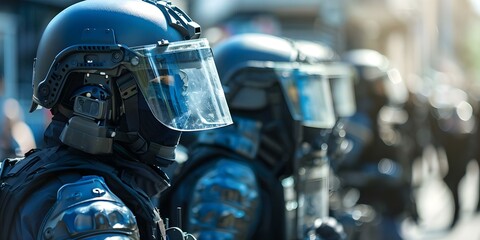 Fototapeta premium Riot police engaging in city operations. Concept Law enforcement, Civil unrest, Public safety, Urban environment, Conflict management