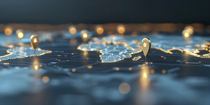 Digital map with location pins representing global network connectivity in a connected world. Concept Global Connectivity, Digital Mapping, Location Pins, Network Technology, Connected World