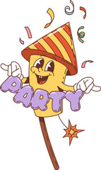 Retro groovy holiday party firework character. Isolated cartoon vector cheerful petard personage bursting with excitement, wearing party hat, surrounded by confetti, exuding festive and lively vibes