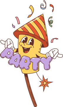 Retro groovy holiday party firework character. Isolated cartoon vector cheerful petard personage bursting with excitement, wearing party hat, surrounded by confetti, exuding festive and lively vibes