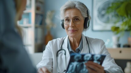 Female doctor in modern office, headset, foot x-ray in hand, conversing with senior patient via laptop, super realistic