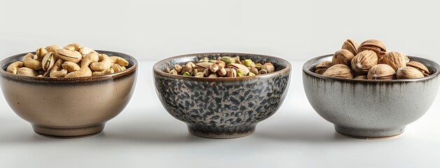 4 bowls of nuts on white background, one bowl with cashew nuts, the second is full of pistachios, third has walnuts and fourth have sunflower seeds, isolated, side view, high resolution photography, s