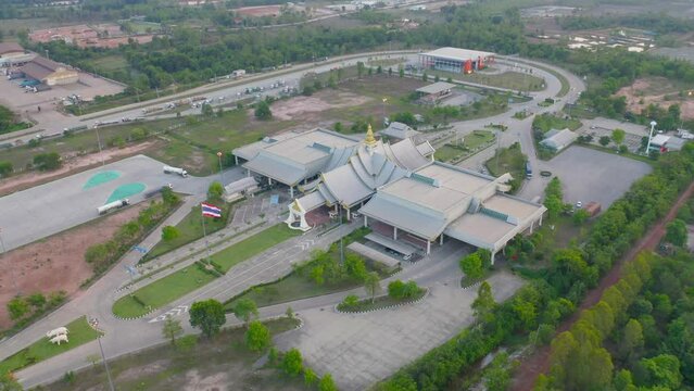 Aerial view of Thai-Laos Friendship Bridge, Nong Khai border sucurity checkpoint building, Thailand.
