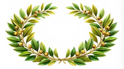 A majestic golden laurel wreath adorned with lush green leaves and delicate berries, symbolizing excellence and achievement, isolated on white.